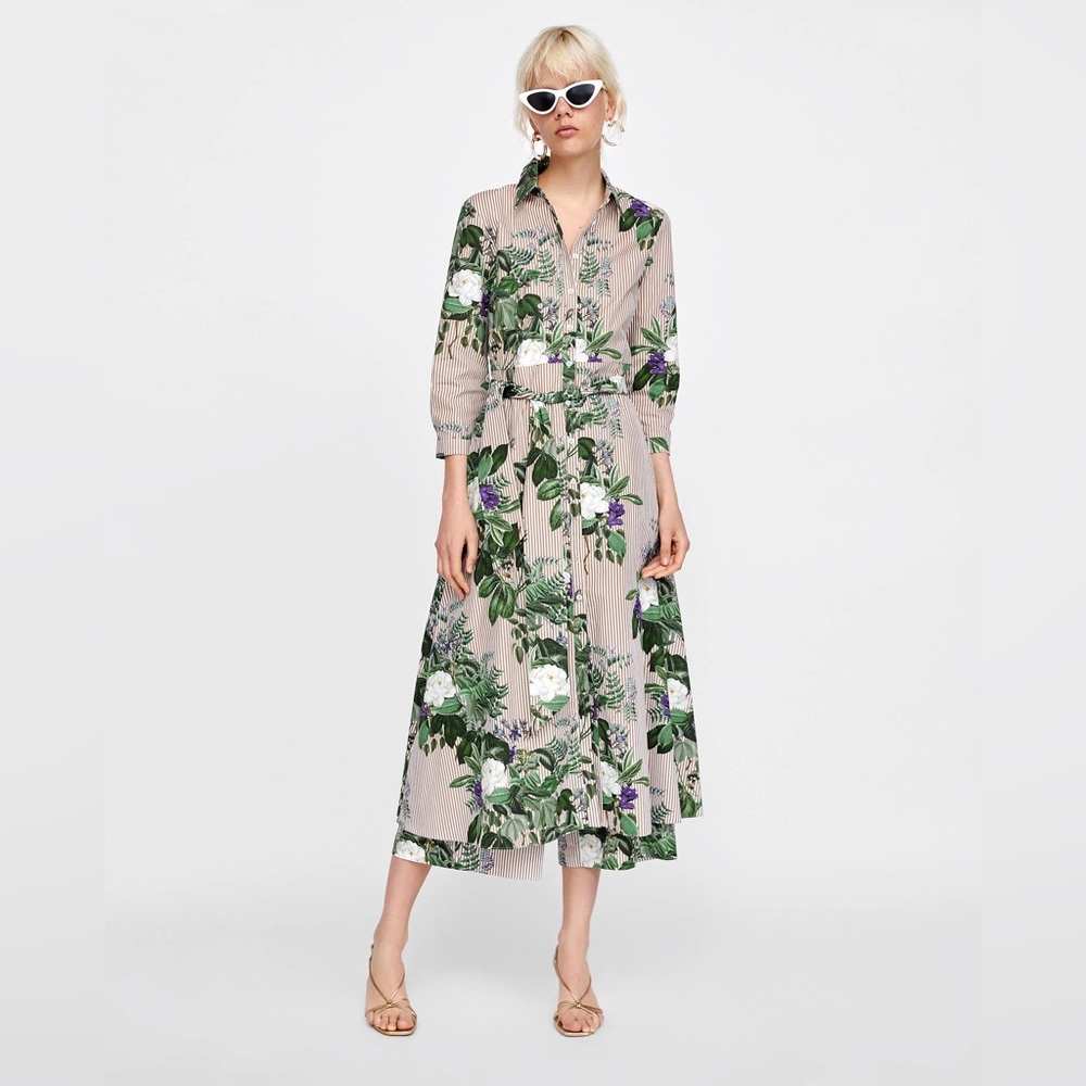 Zara Floral & Pinstripe 100% Cotton Dress with belt - Size XL Made in Morocco